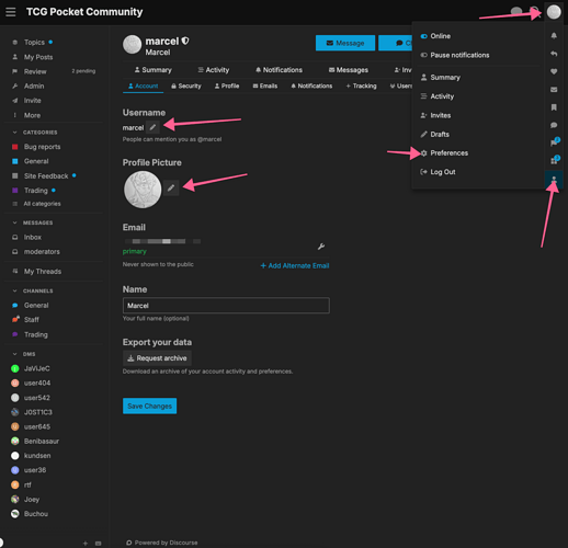Account - Preferences - marcel - TCG Pocket Community 2025-05-16 at 1.21.41 PM